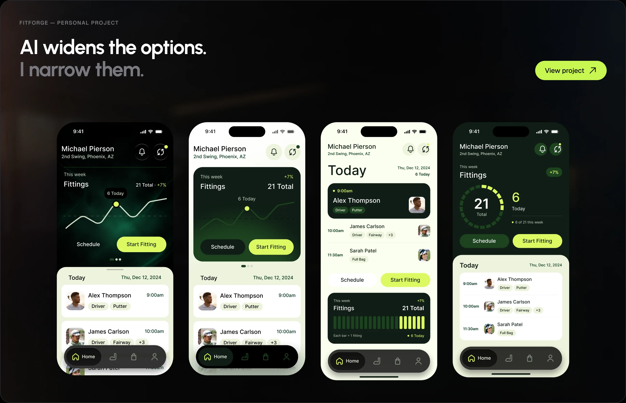 FitForge, personal project. AI widens the options, I narrow them: four explored versions of the FitForge home screen.