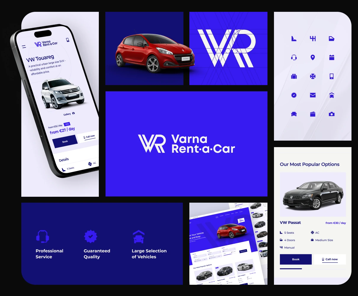 Varna rent a car direction board: brand mark, car photography, icon set, mobile and desktop screens.