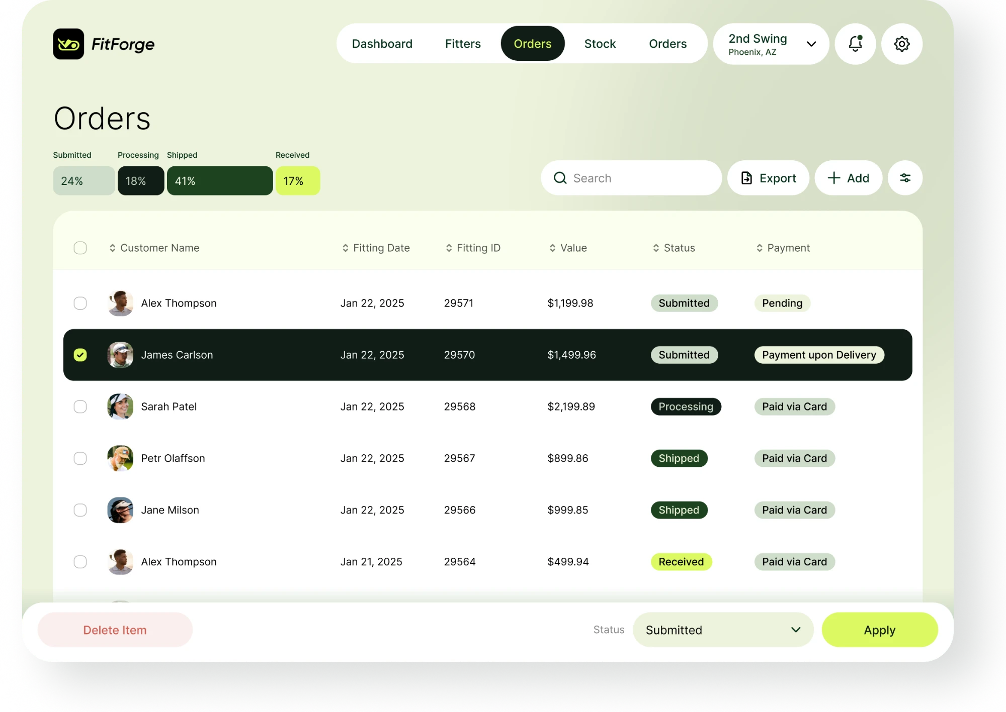 Admin dashboard, Orders view: a bar splitting orders across submitted, processing, shipped and received, then a table of fittings with customer, date, ID, value, status and payment — one row selected — and delete and bulk status controls along the bottom.