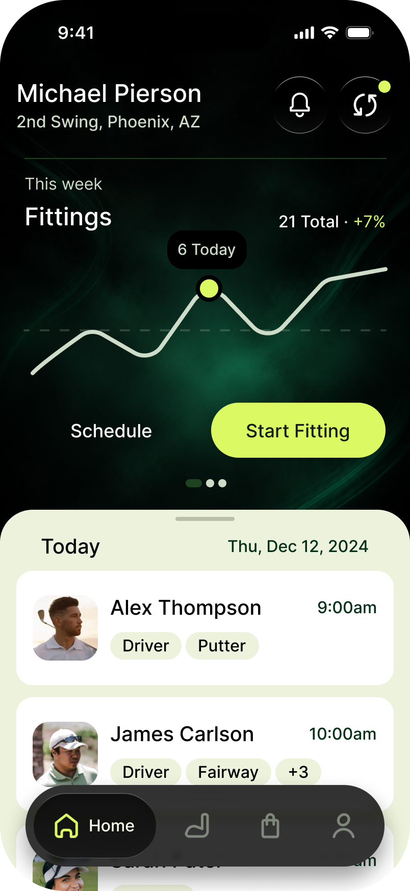 Fitter home screen: this week's fittings chart showing 21 total, a Start Fitting button, and today's appointments.