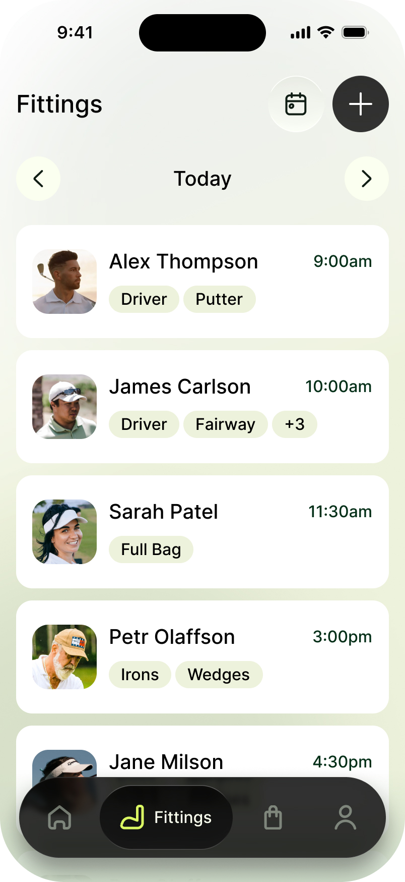 Fittings list for today, each player showing their booked time and the clubs being fitted.