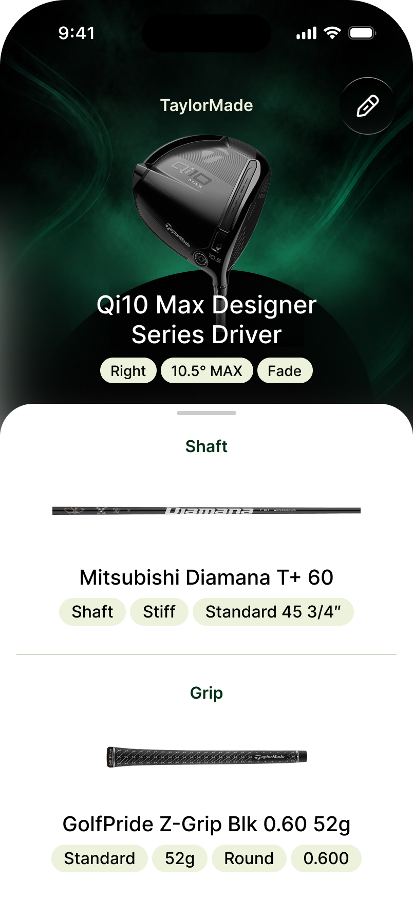 Item details for the TaylorMade Qi10 Max driver, listing its shaft and grip specifications.
