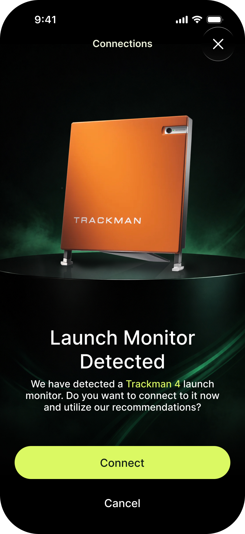 Launch monitor detected: a prompt to connect to a Trackman 4 and use its readings for recommendations.