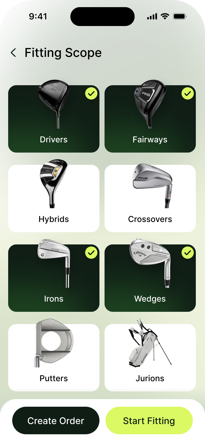 Fitting scope: club categories from drivers to putters, with drivers, fairways, irons and wedges selected.