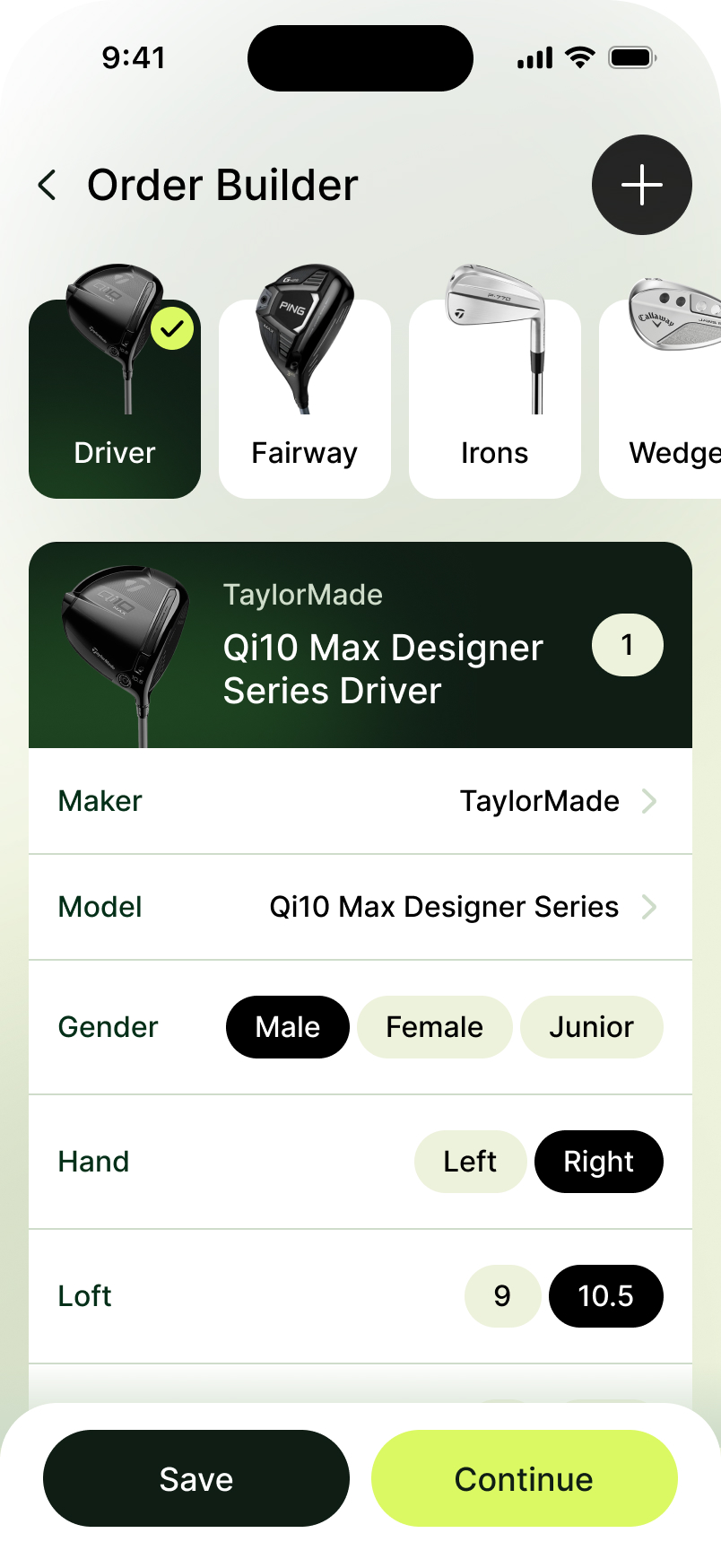 Order builder: the chosen driver with its maker, model, gender, hand and loft settings.