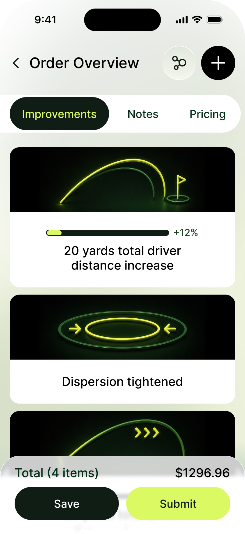 Order overview, improvements tab: a twenty yard distance gain and tightened dispersion, shown as shot-shape diagrams.