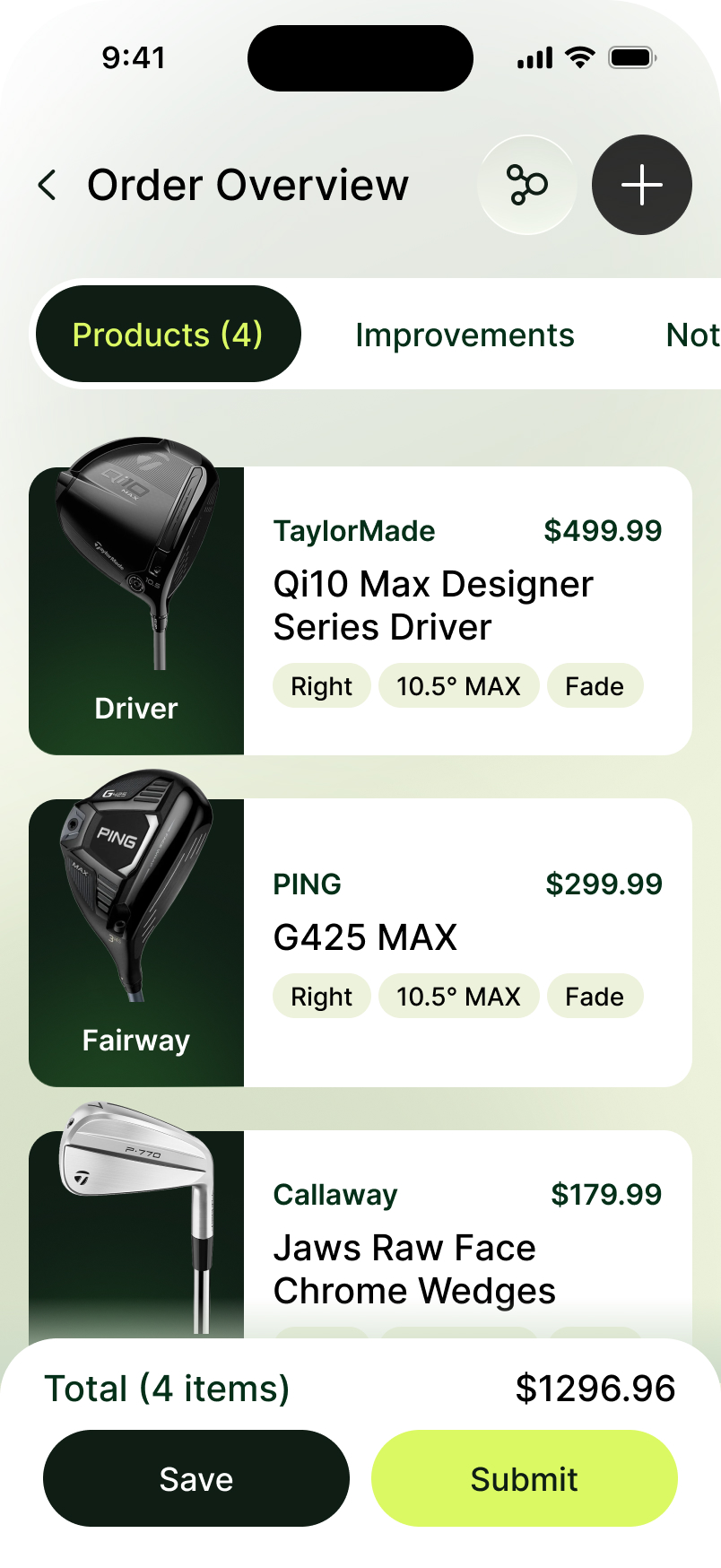 Order overview, products tab: four clubs with prices totalling $1,296.96.
