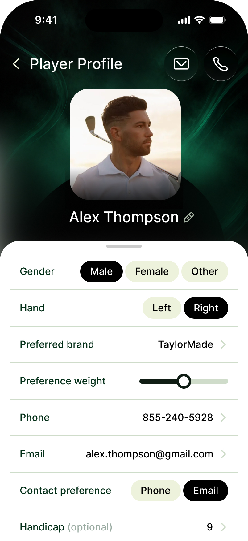 Player profile for Alex Thompson: hand, preferred brand, contact details and handicap.