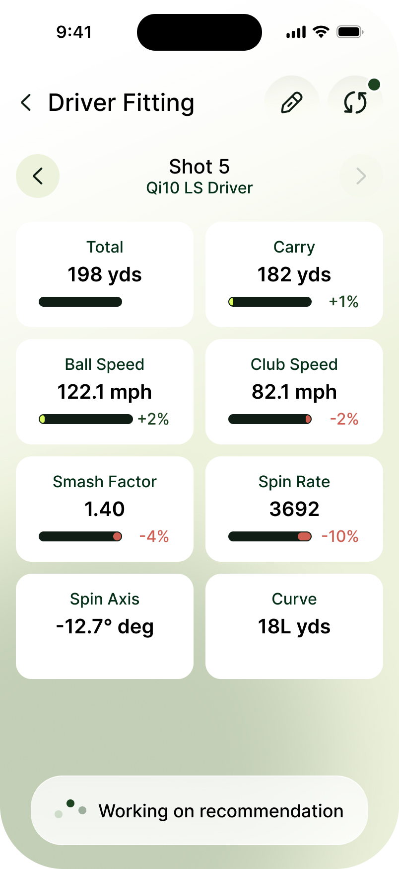 Driver fitting, shot five, with a “Working on recommendation” indicator while the app analyses the numbers.
