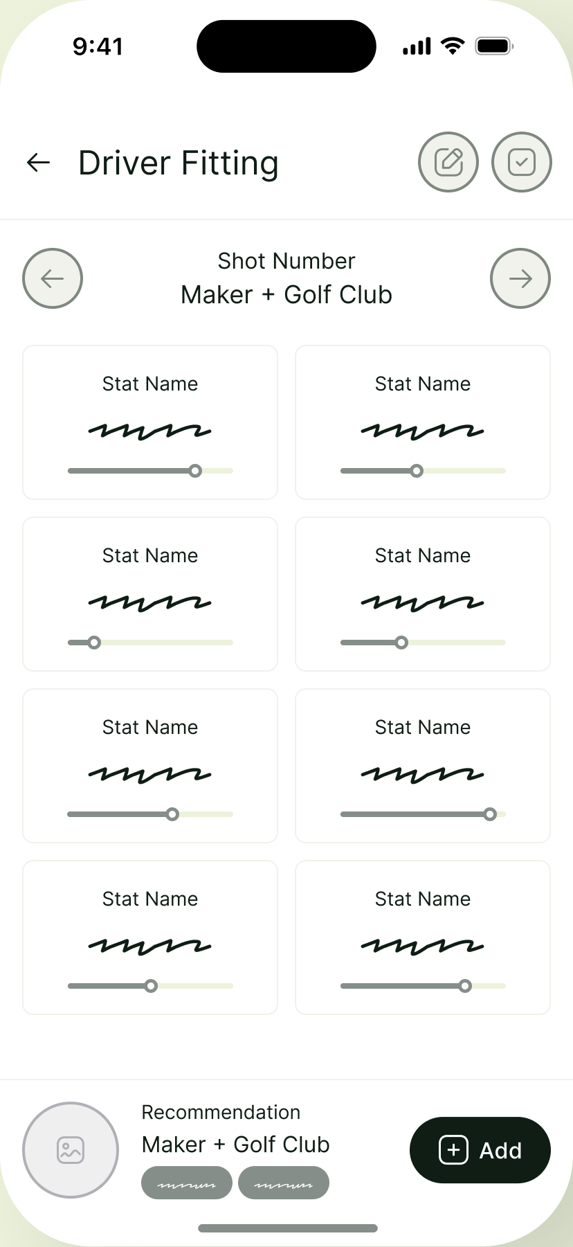 Driver fitting wireframe: shot navigation above a grid of eight shot statistics, each with a value and a range slider, and a recommended club with an Add action.