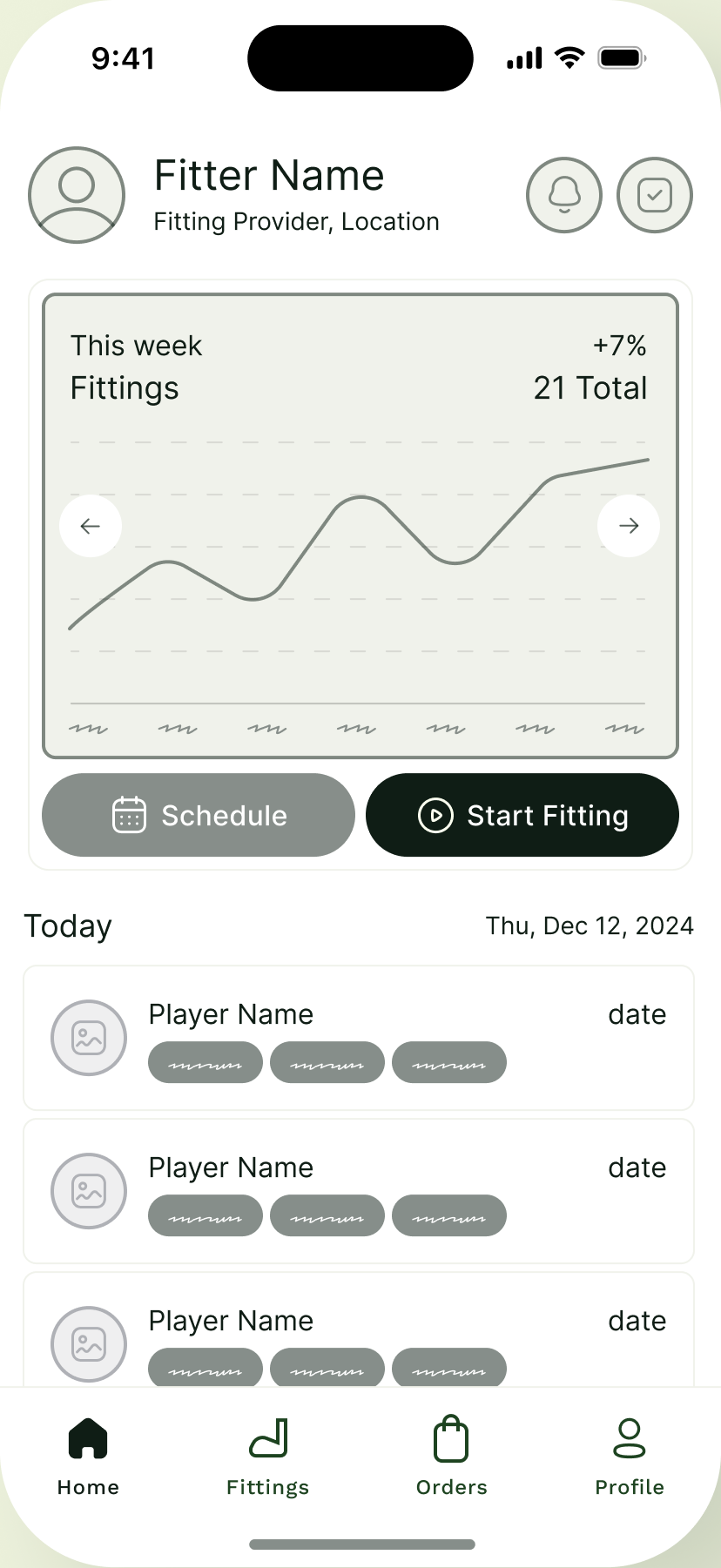 Home screen wireframe: fitter profile, a weekly fittings chart with Schedule and Start Fitting actions, and today's list of player appointments.