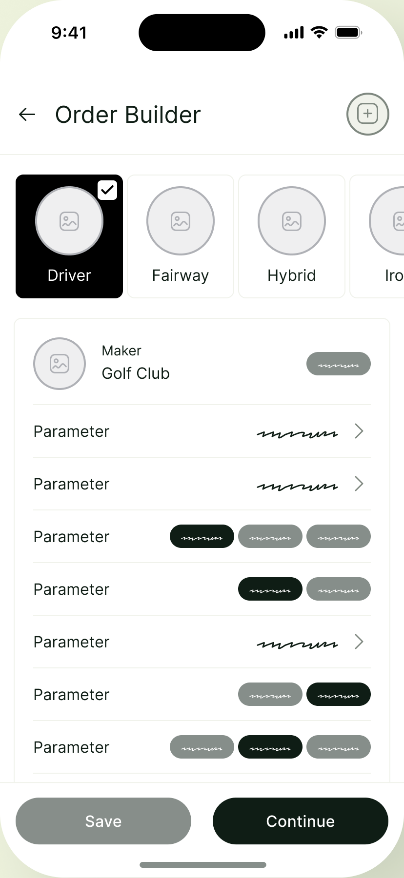 Order builder wireframe: a row of club category tiles with the driver selected, then the chosen club and its configurable parameters, with Save and Continue actions.