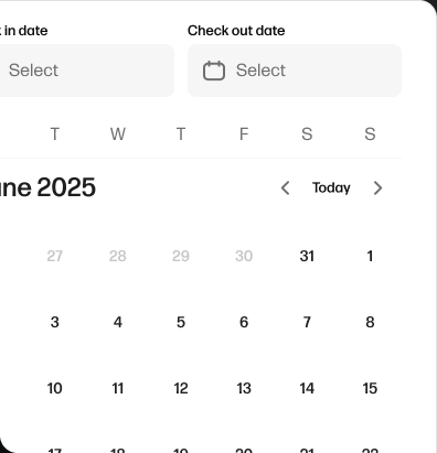 A date picker showing check-in and check-out fields above a June 2025 calendar.