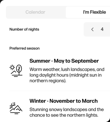A flexible-dates panel with a night count and preferred season options.