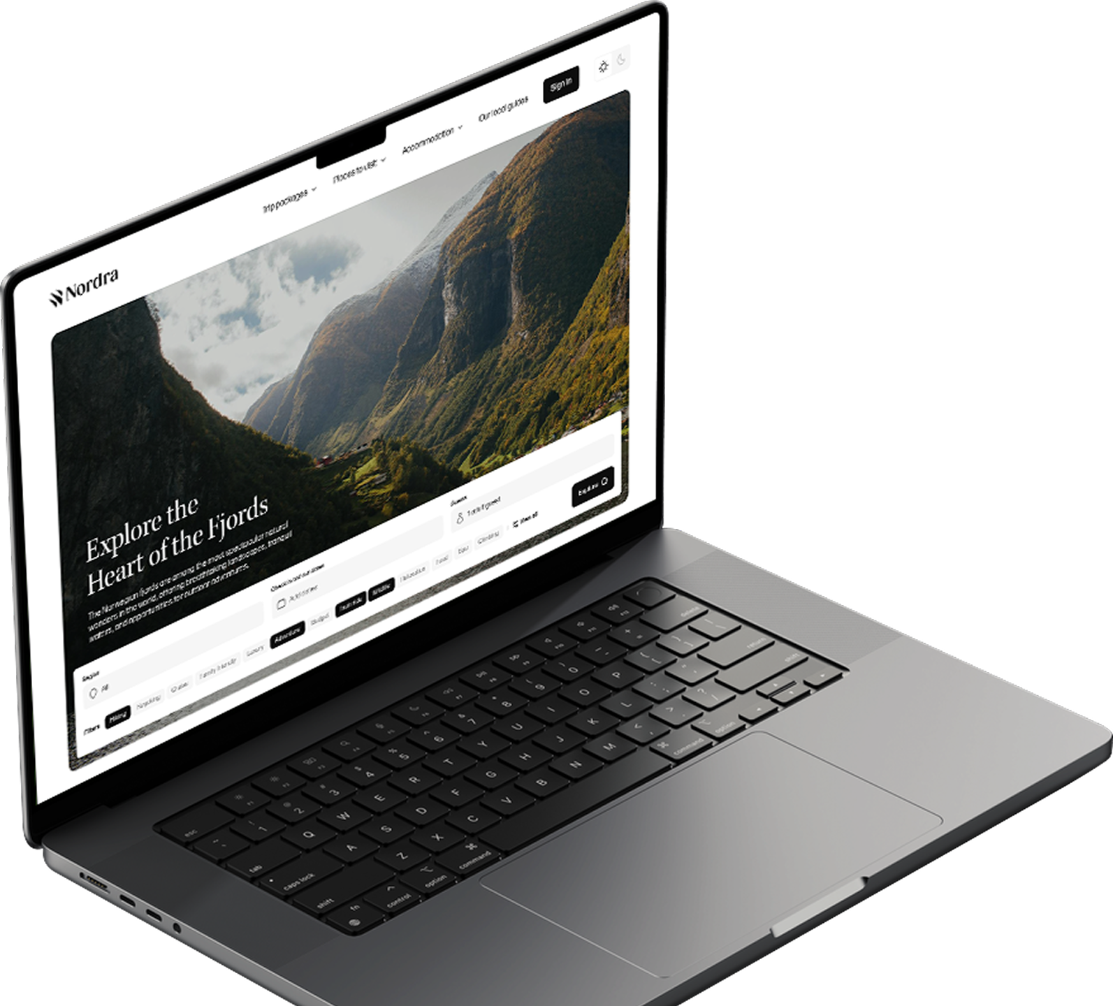 The Nordra homepage on a laptop, showing the Explore the Heart of the Fjords hero and trip filters.