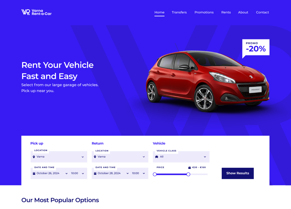 Desktop homepage hero: “Rent Your Vehicle Fast and Easy” with a red Peugeot 208 and the pick-up and return search form.