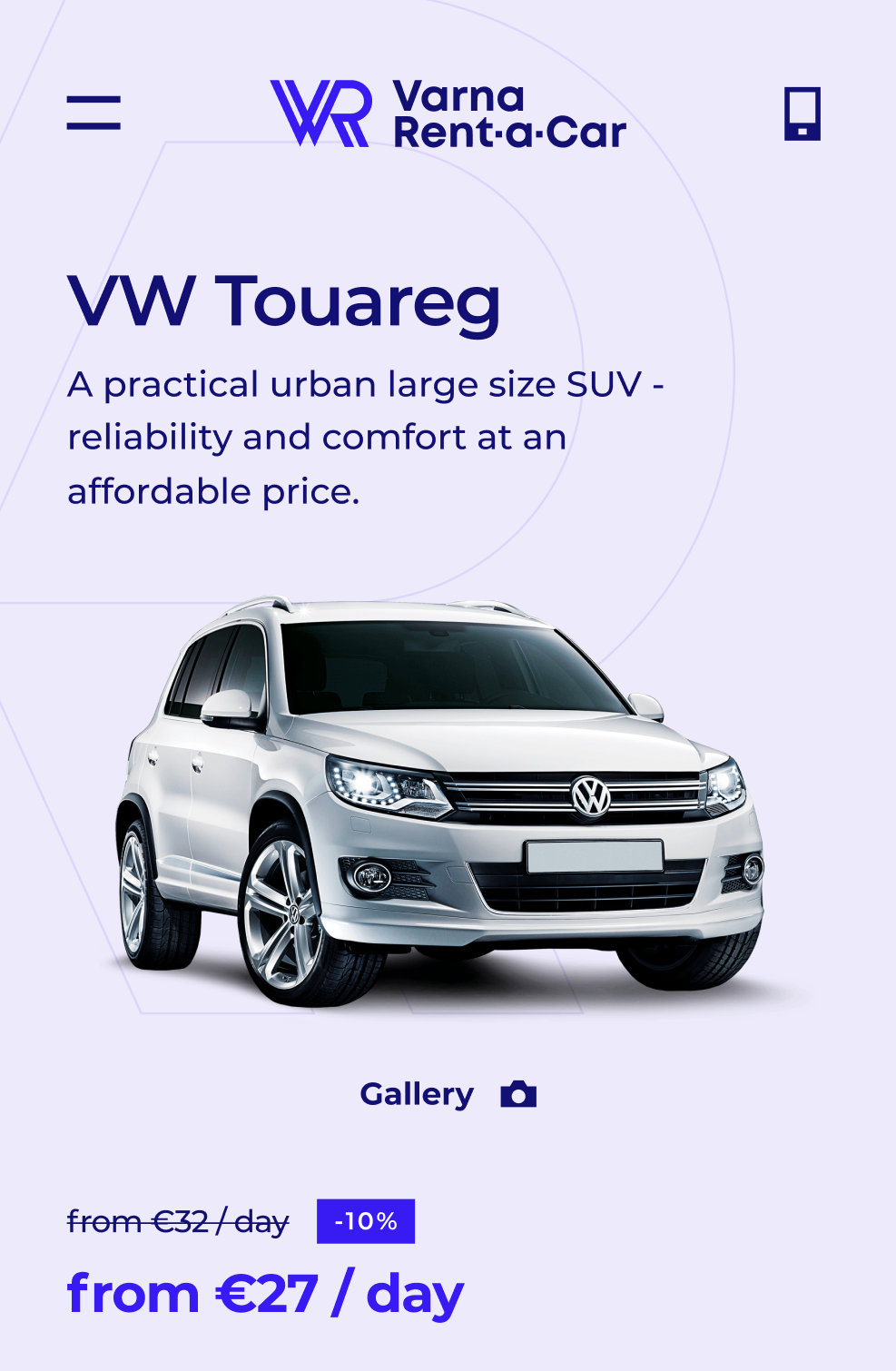 Mobile vehicle page for the VW Touareg, with gallery link and a discounted price from €27 a day.