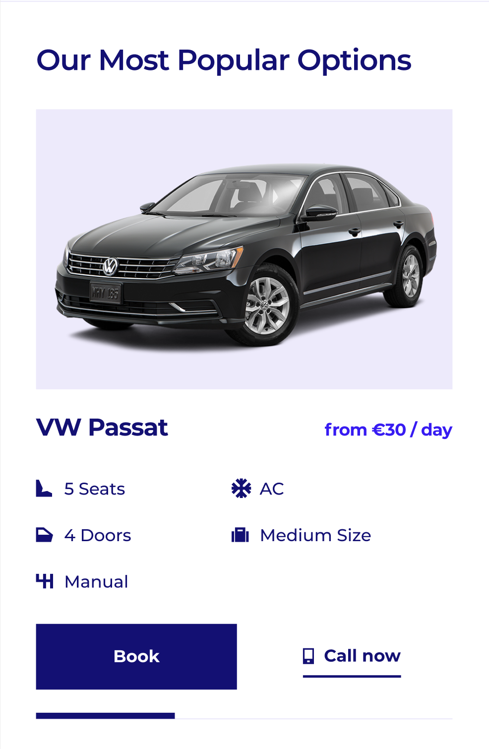 Vehicle card for a VW Passat: seats, doors, transmission, AC, luggage size, and Book and Call now actions.