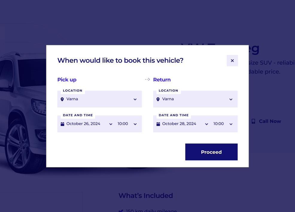 Booking dialog asking when you would like to book the vehicle, with pick-up and return location, date and time.