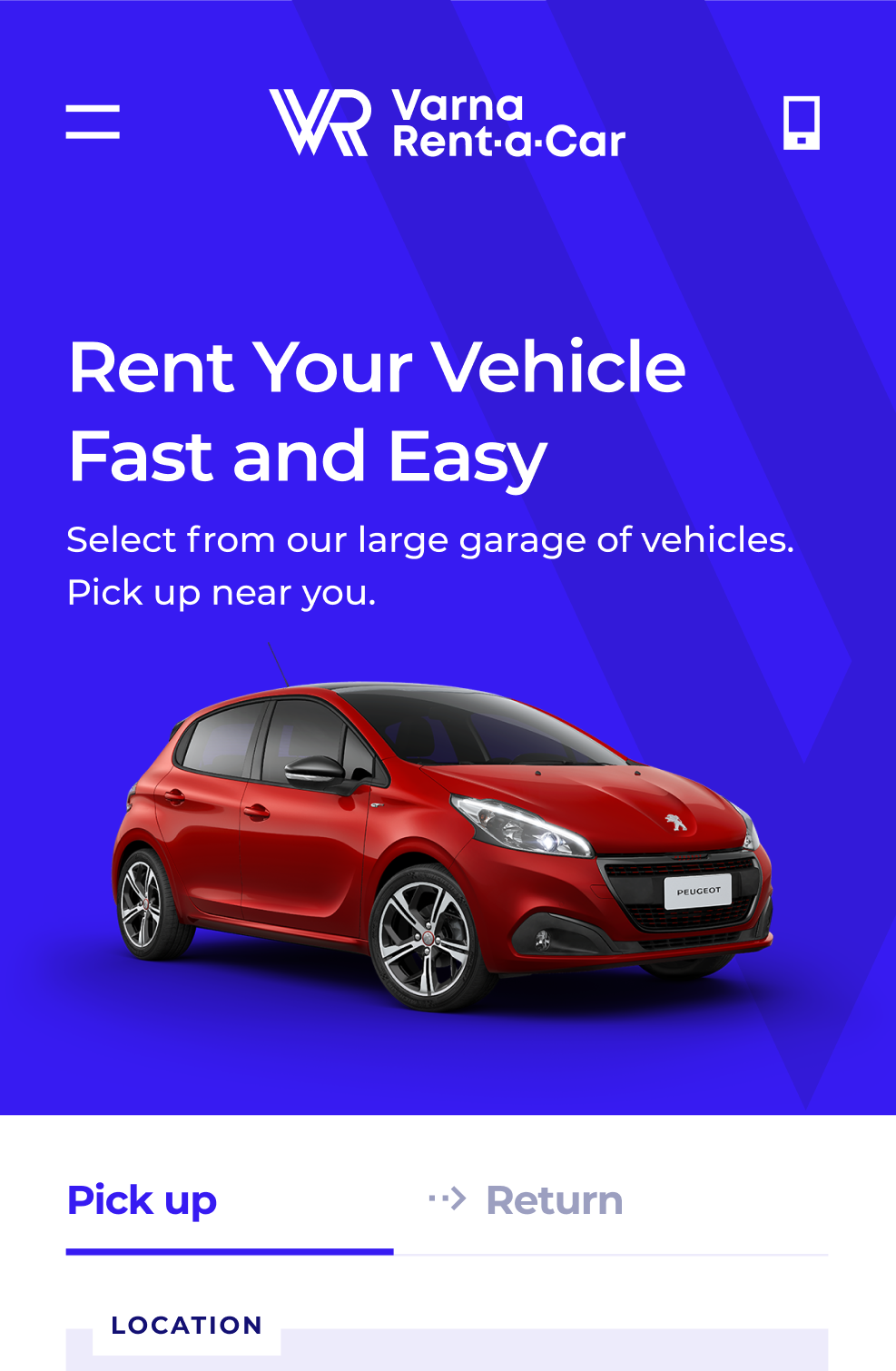 Mobile homepage hero in brand blue, with the pick-up and return tabs.