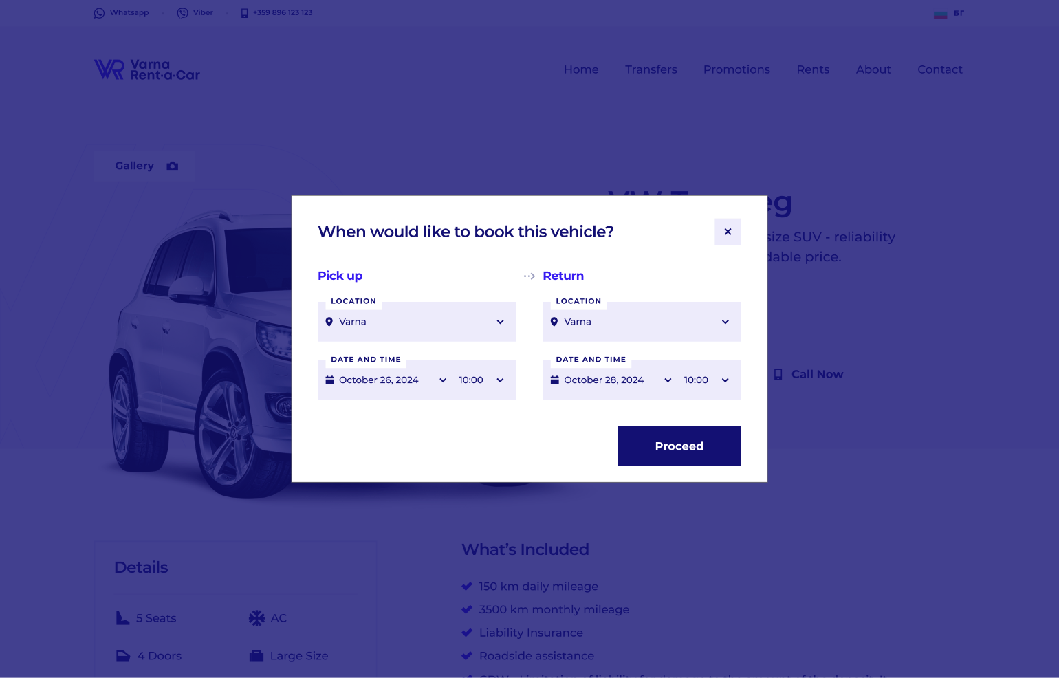 Booking dialog open over the vehicle page: pick-up and return location, date and time, and a Proceed button.