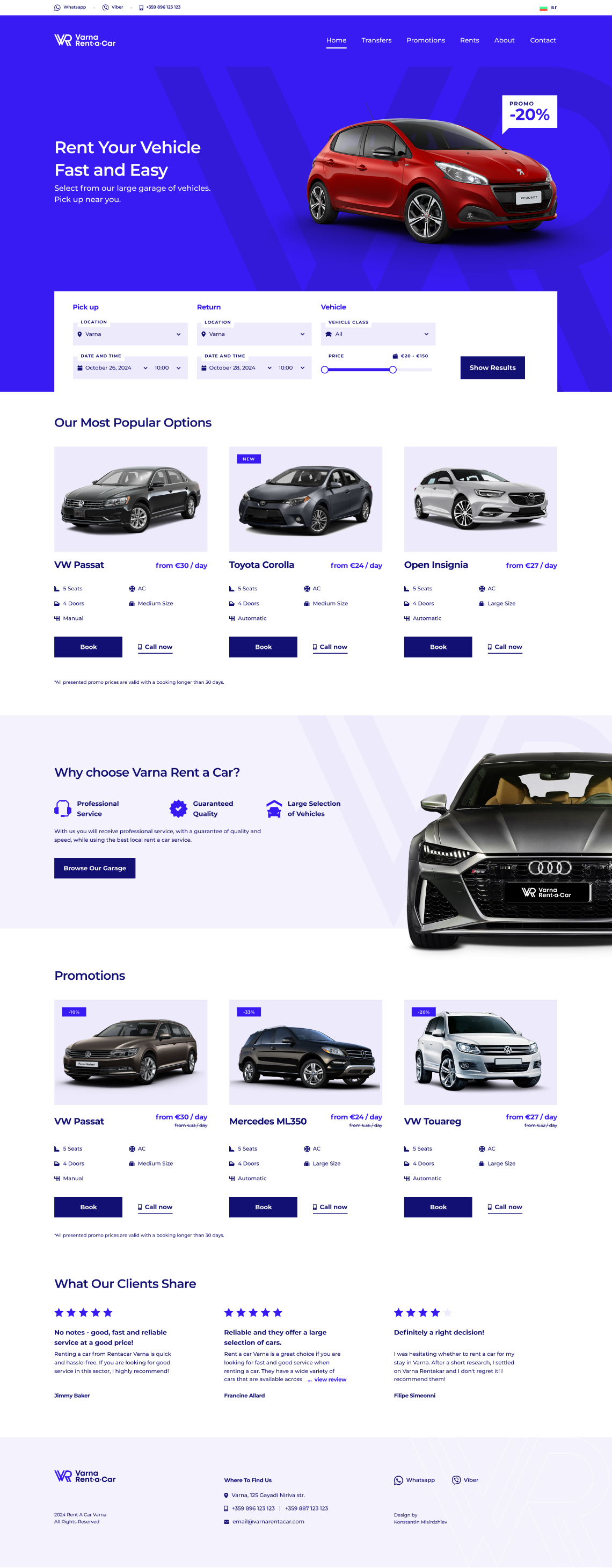 Full desktop homepage: hero and search, most popular options, why choose Varna Rent a Car, promotions, client reviews and footer.
