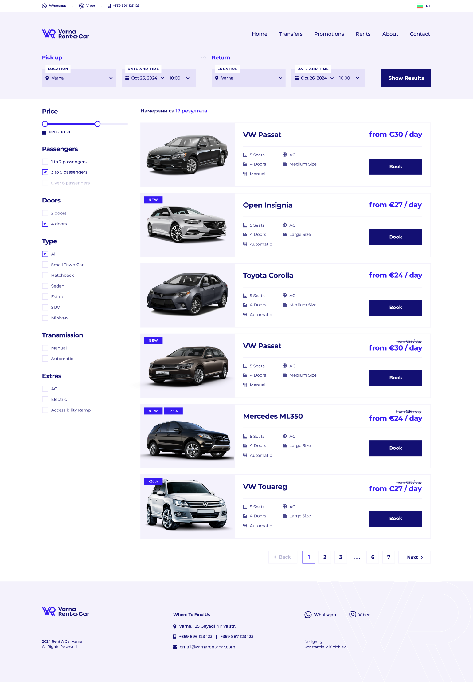 Vehicle listing page: search bar, filters for price, passengers, doors, type, transmission and extras, and a paginated list of cars.