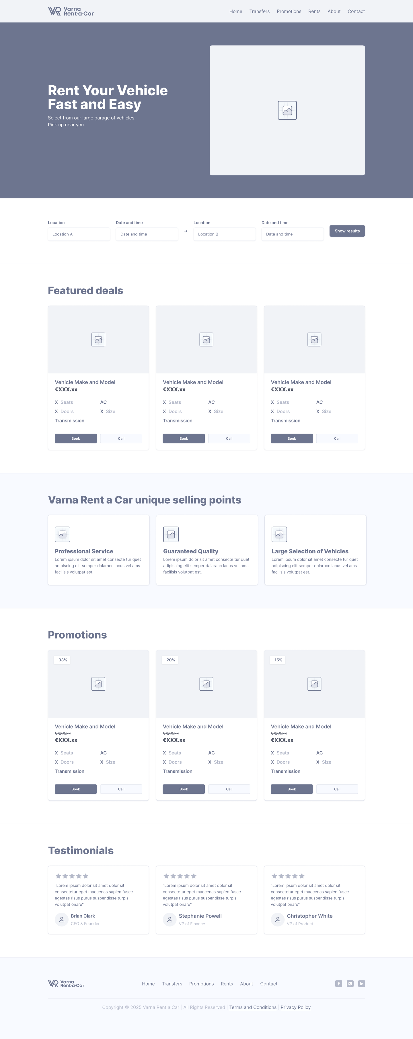 Homepage wireframe: hero with search, featured deals, unique selling points, promotions, testimonials and footer.